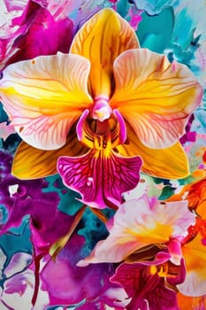 Vibrant yellow and purple orchids with lush green leaves, on deep starry backdrop, offering beautiful floral composition ideal for enhancing elegance in design projects