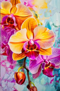 Vibrant yellow and purple orchids with lush green leaves, on deep starry backdrop, offering beautiful floral composition ideal for enhancing elegance in design projects