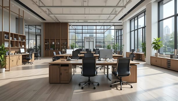 Sunlight bathes the spacious office, where shadows dance on polished wood. Whispers of productivity float through the air, as empty chairs wait for inspiration to return. The city's pulse beats through tall windows, blending urban energy with serene greenery. A quiet promise of success lingers in the pristine order.