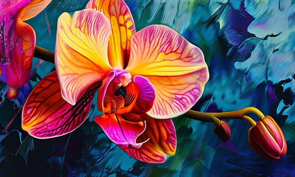 Vibrant yellow and purple orchids with lush green leaves, on deep starry backdrop, offering beautiful floral composition ideal for enhancing elegance in design projects