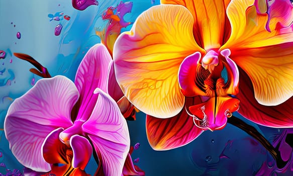 Vibrant yellow and purple orchids with lush green leaves, on deep starry backdrop, offering beautiful floral composition ideal for enhancing elegance in design projects