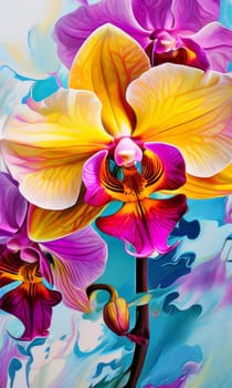 Vibrant yellow and purple orchids with lush green leaves, on deep starry backdrop, offering beautiful floral composition ideal for enhancing elegance in design projects