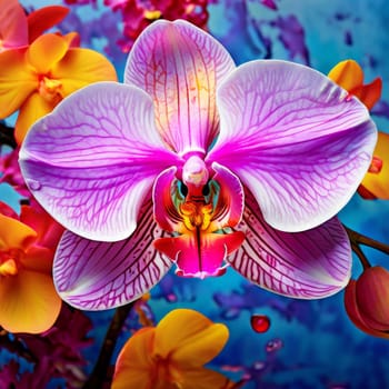 Vibrant yellow and purple orchids with lush green leaves, on deep starry backdrop, offering beautiful floral composition ideal for enhancing elegance in design projects