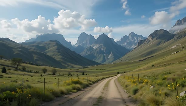 A serene path winds through verdant fields, leading to majestic peaks under a vast, cloud-kissed sky. Tranquility calls, whispering of solitude and wonder. The breeze carries the scent of wildflowers, as nature's embrace promises peace.