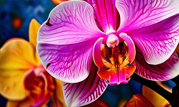 Vibrant yellow and purple orchids with lush green leaves, on deep starry backdrop, offering beautiful floral composition ideal for enhancing elegance in design projects