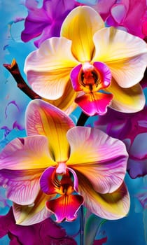 Intricate yellow and purple orchids with vivid green leaves, on dark starry background, creating perfect blend of elegance and natural beauty for floral art and designs