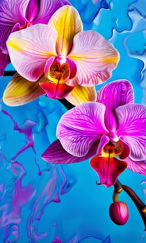 Intricate yellow and purple orchids with vivid green leaves, on dark starry background, creating perfect blend of elegance and natural beauty for floral art and designs