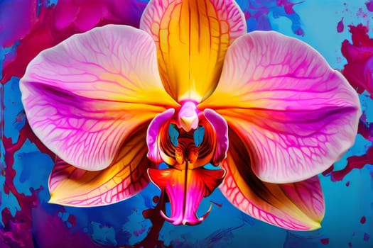 Intricate yellow and purple orchids with vivid green leaves, on dark starry background, creating perfect blend of elegance and natural beauty for floral art and designs