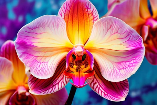 Intricate yellow and purple orchids with vivid green leaves, on dark starry background, creating perfect blend of elegance and natural beauty for floral art and designs