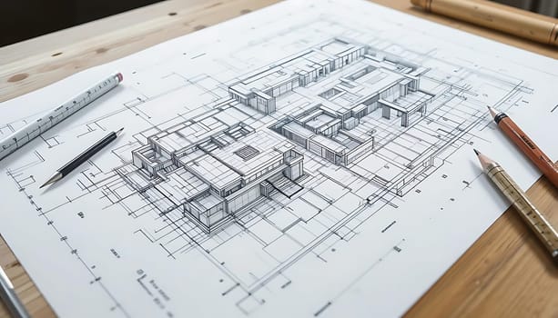 Meticulously drawn lines dance across the parchment, each stroke whispering dreams of future spaces. In the quiet, creative atmosphere, tools of precision rest, ready to transform visions into reality. An architect's heart beats in every careful line, promising a world crafted with passion and purpose.