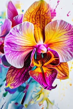 Intricate yellow and purple orchids with vivid green leaves, on dark starry background, creating perfect blend of elegance and natural beauty for floral art and designs