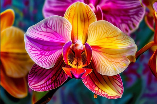 Intricate yellow and purple orchids with vivid green leaves, on dark starry background, creating perfect blend of elegance and natural beauty for floral art and designs