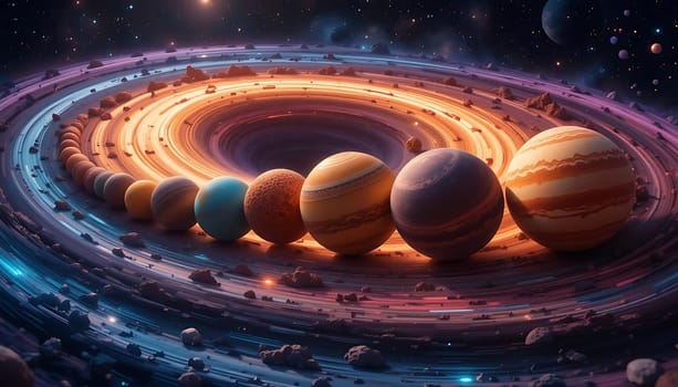 Celestial whispers echo through cosmic twilight. Planets dance in a spiraling waltz, their glow painting the void with mysteries. Stars twinkle softly, as if sharing ancient secrets. Awe and wonder swell, invoking a profound connection to the infinite expanse.