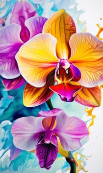 Intricate yellow and purple orchids with vivid green leaves, on dark starry background, creating perfect blend of elegance and natural beauty for floral art and designs