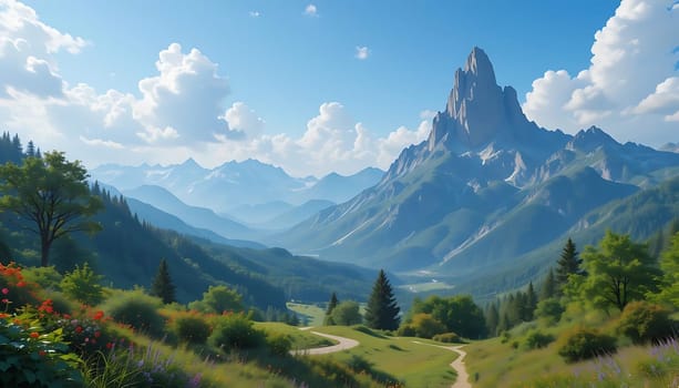 Majestic peaks reach for the sky as verdant valleys whisper secrets. Sunlight dances on wildflowers, while a winding path beckons to tranquil horizons. Serenity and awe entwine in nature's grandeur.
