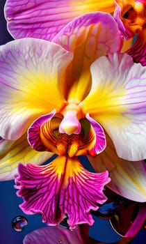 Intricate yellow and purple orchids with vivid green leaves, on dark starry background, creating perfect blend of elegance and natural beauty for floral art and designs
