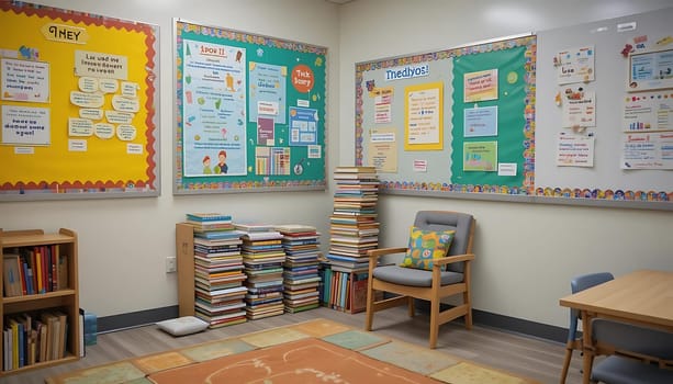 In a vibrant, nurturing classroom, colorful charts inspire young minds. Books stacked high promise adventures, while a cozy chair with a sunshine pillow waits for eager readers. Warm light spills over a rug, fostering a safe space to learn and grow.