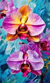 Intricate yellow and purple orchids with vivid green leaves, on dark starry background, creating perfect blend of elegance and natural beauty for floral art and designs