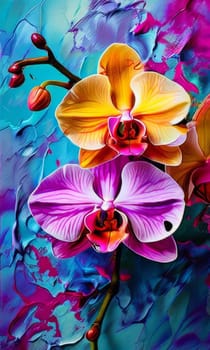 Intricate yellow and purple orchids with vivid green leaves, on dark starry background, creating perfect blend of elegance and natural beauty for floral art and designs