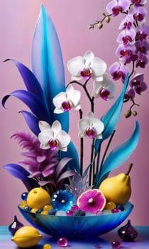 Vibrant orchids in glass vases with colorful crystals and lemons on soft pastel background. Perfect for floral, home decor, or interior design themes. Bright, elegant, and artistic composition