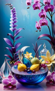 Vibrant orchids in glass vases with colorful crystals and lemons on soft pastel background. Perfect for floral, home decor, or interior design themes. Bright, elegant, and artistic composition