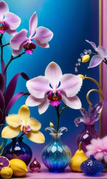 Vibrant orchids in glass vases with colorful crystals and lemons on soft pastel background. Perfect for floral, home decor, or interior design themes. Bright, elegant, and artistic composition