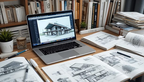 A serene studio, bathed in soft light. Pencil sketches whisper dreams of homes, while a digital vision glows on a sleek laptop. Surrounding books and blueprints hum tales of art and precision. Inspiration breathes here, where creativity dances with tranquility.