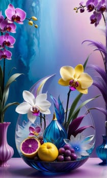 Vibrant orchids in glass vases with colorful crystals and lemons on soft pastel background. Perfect for floral, home decor, or interior design themes. Bright, elegant, and artistic composition