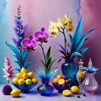 Vibrant orchids in glass vases with colorful crystals and lemons on soft pastel background. Perfect for floral, home decor, or interior design themes. Bright, elegant, and artistic composition
