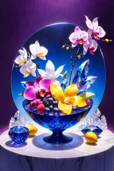 Vibrant orchids in glass vases with colorful crystals and lemons on soft pastel background. Perfect for floral, home decor, or interior design themes. Bright, elegant, and artistic composition