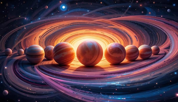 Swirling cosmic ballet of fiery orbs dances amidst celestial whispers. Eternal light ignites the void, as planets embrace in harmonious spin. Awe and wonder ignite the soul.