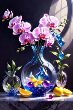 Vibrant orchids in glass vases with colorful crystals and lemons on soft pastel background. Perfect for floral, home decor, or interior design themes. Bright, elegant, and artistic composition