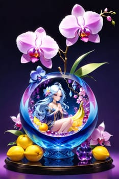 Elegant blend of purple and yellow orchids in crystal vases, accompanied by lemons and decorative beads. Soft pastel backdrop enhances visual appeal for floral or interior decor themes