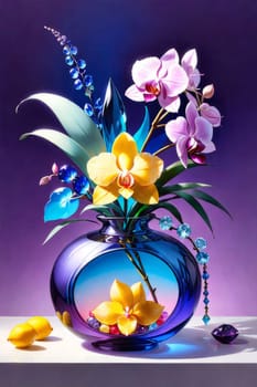 Elegant blend of purple and yellow orchids in crystal vases, accompanied by lemons and decorative beads. Soft pastel backdrop enhances visual appeal for floral or interior decor themes