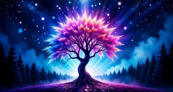 A tree with pink leaves is surrounded by a forest. The sky is dark and the stars are shining brightly