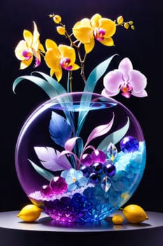 Elegant blend of purple and yellow orchids in crystal vases, accompanied by lemons and decorative beads. Soft pastel backdrop enhances visual appeal for floral or interior decor themes