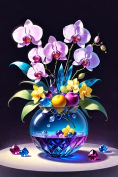Elegant blend of purple and yellow orchids in crystal vases, accompanied by lemons and decorative beads. Soft pastel backdrop enhances visual appeal for floral or interior decor themes