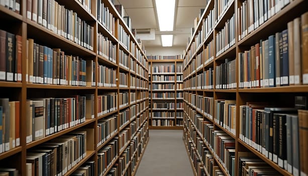 Endless wooden shelves embrace whispers of countless stories. The soft glow overhead beckons you into a sanctuary of knowledge, where each spine holds a secret. The hushed air is thick with history, stirring a yearning for discovery, a comforting solitude amidst wisdom's embrace.
