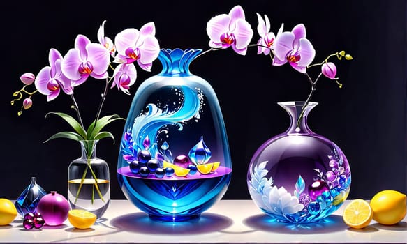 Elegant blend of purple and yellow orchids in crystal vases, accompanied by lemons and decorative beads. Soft pastel backdrop enhances visual appeal for floral or interior decor themes