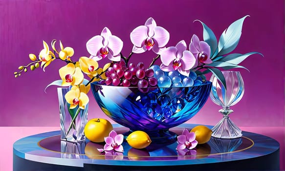 Exquisite floral arrangement of vivid orchids in glass vases with lemons and colorful crystals. Ideal for home decor, floral art, or lifestyle concepts. Soft pastel gradient adds charm