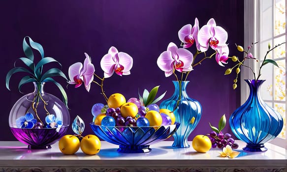Exquisite floral arrangement of vivid orchids in glass vases with lemons and colorful crystals. Ideal for home decor, floral art, or lifestyle concepts. Soft pastel gradient adds charm
