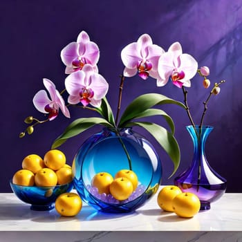 Exquisite floral arrangement of vivid orchids in glass vases with lemons and colorful crystals. Ideal for home decor, floral art, or lifestyle concepts. Soft pastel gradient adds charm