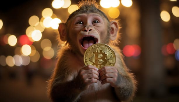 A monkey is holding a gold coin in its mouth