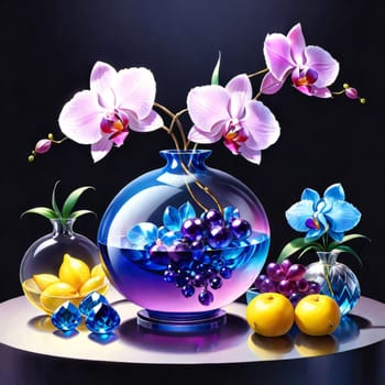 Exquisite floral arrangement of vivid orchids in glass vases with lemons and colorful crystals. Ideal for home decor, floral art, or lifestyle concepts. Soft pastel gradient adds charm