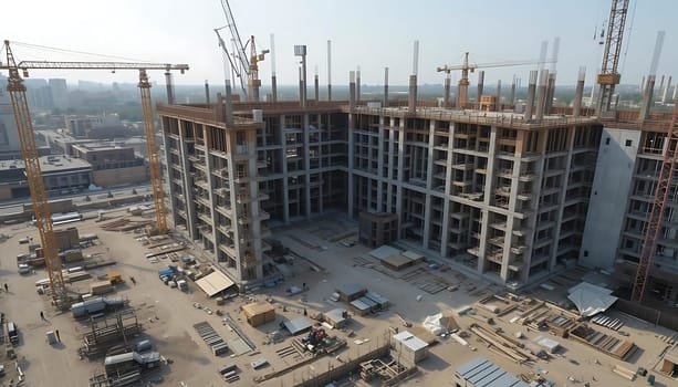 Giants of steel and concrete rise defiantly, cranes like sentinels against the hazy sky. The air buzzes with industrious energy, while the vast expanse below pulses with the heartbeat of progress. A symphony of strength, hope, and vision echoes beneath the dusty sun.
