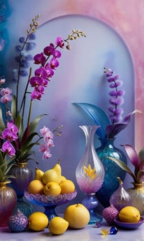 Stunning display of orchids in crystal vases with lemons on pastel background. Perfect for elegant home decor, floral themes, or art prints. Vibrant colors and artistic composition
