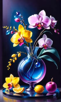 Stunning display of orchids in crystal vases with lemons on pastel background. Perfect for elegant home decor, floral themes, or art prints. Vibrant colors and artistic composition