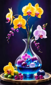 Stunning display of orchids in crystal vases with lemons on pastel background. Perfect for elegant home decor, floral themes, or art prints. Vibrant colors and artistic composition