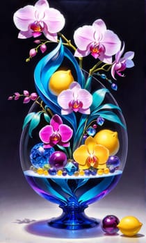 Stunning display of orchids in crystal vases with lemons on pastel background. Perfect for elegant home decor, floral themes, or art prints. Vibrant colors and artistic composition