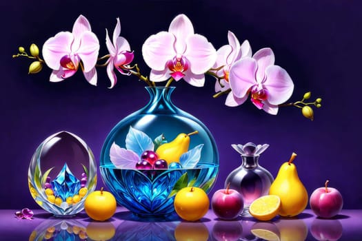 Orchids in various shades, placed in glass vases alongside lemons and crystals. Soft pastel background complements floral arrangement. Perfect for decor, interior design, or lifestyle themes